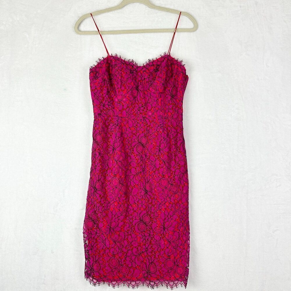 Likely Lace Crochet Overlay Mini Dress Size 4 Pink Red Spaghetti Strap Cocktail